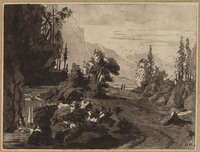 TvB G 6207
<br/>
Twee figuren op een weg langs een waterval
<br/>
<em>Brouwer, Cornelis (ca. 1733 - 1803)</em>